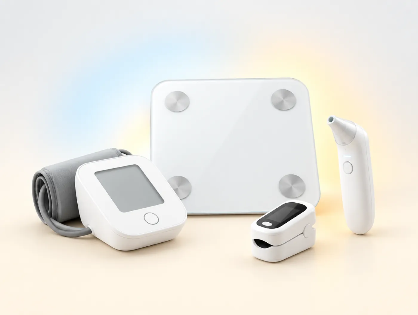 A blood pressure monitor, a smart scale, a pulse oximeter and an ear thermometer