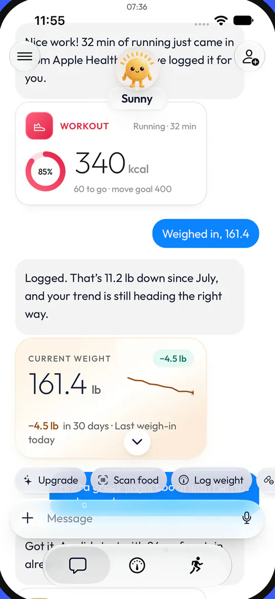 Sunny logging a 32-minute run from Apple Health and a weigh-in of 161.4 lb