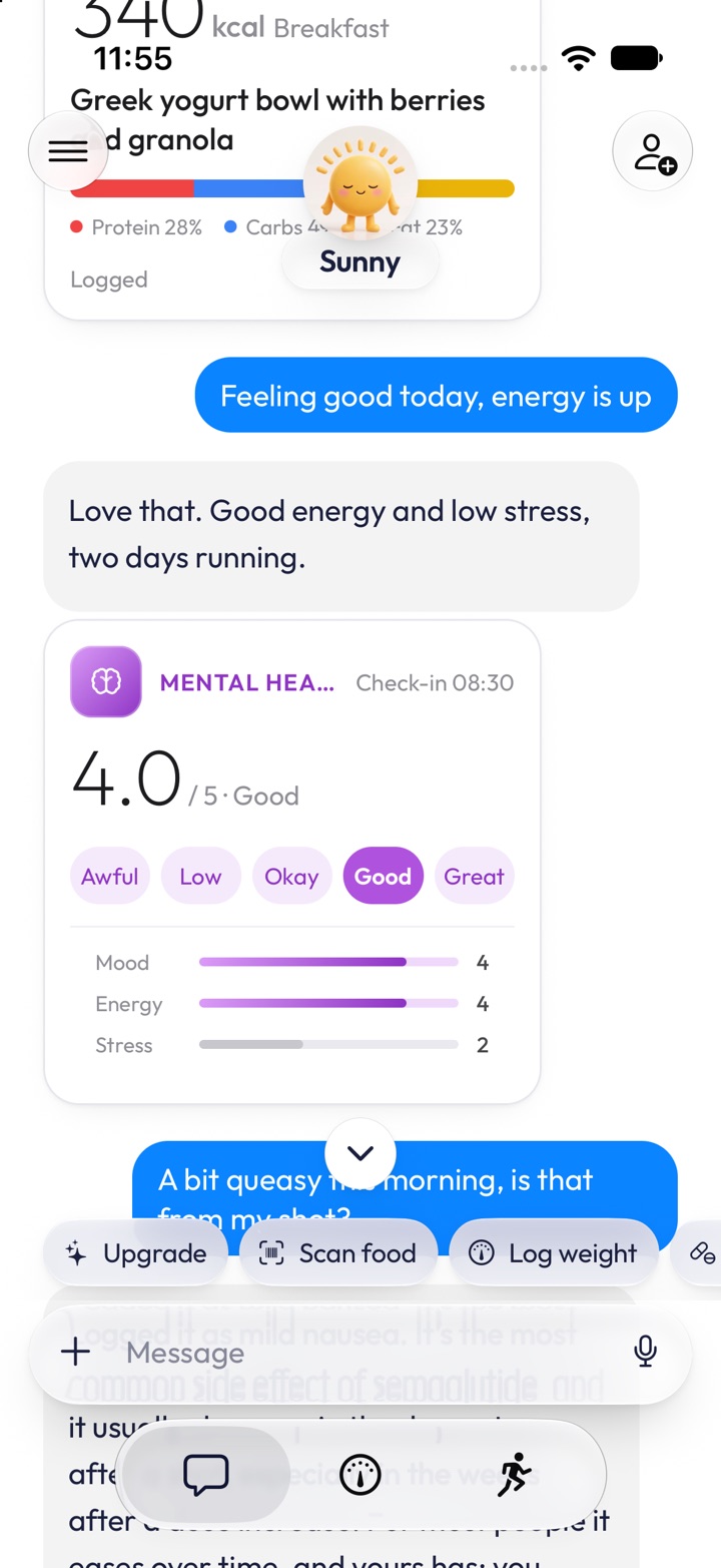 An Emerge Care chat: after a logged breakfast, the user says energy is up and the app replies that energy has been good and stress low two days running, with a mood check-in card.