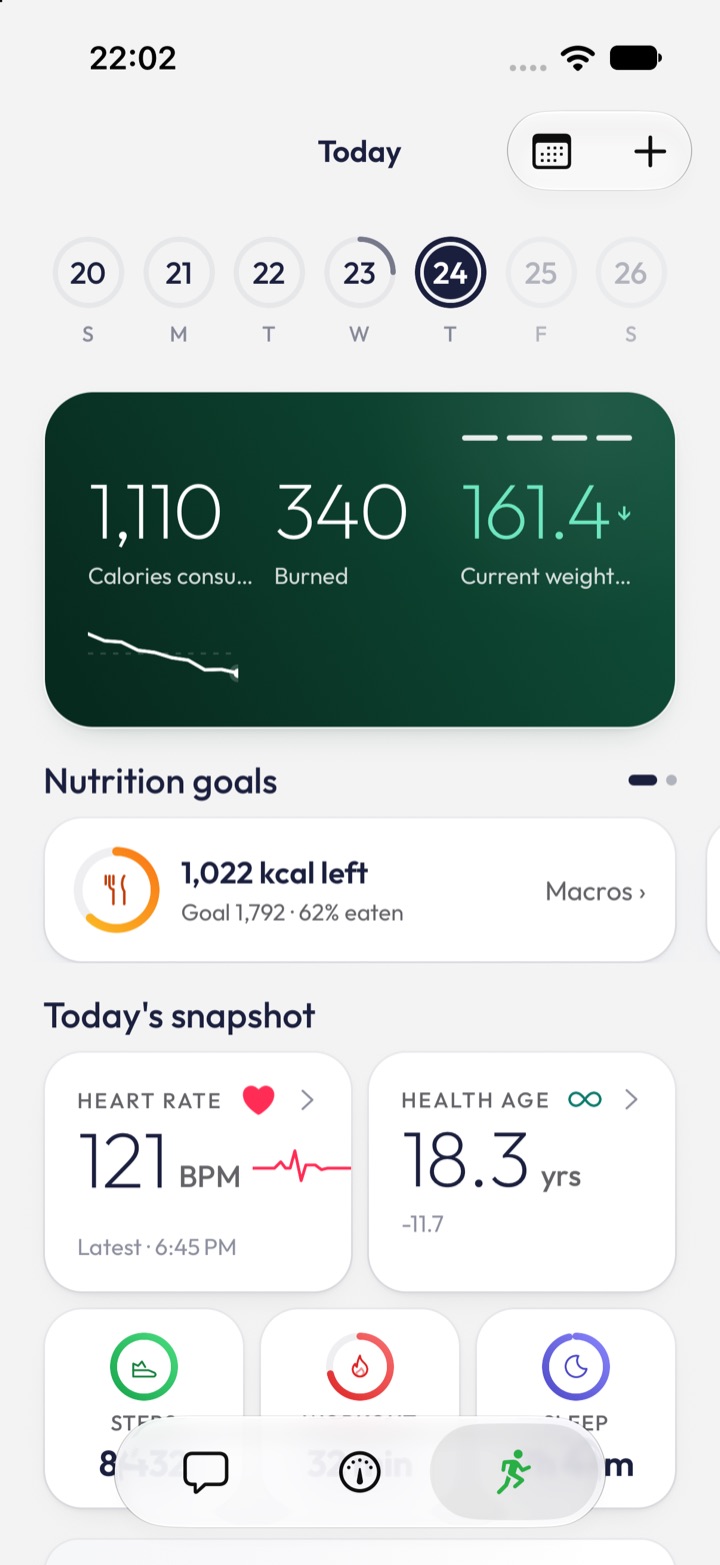 Emerge Care's Today screen: heart rate, Health Age, steps, workouts and sleep for the day.